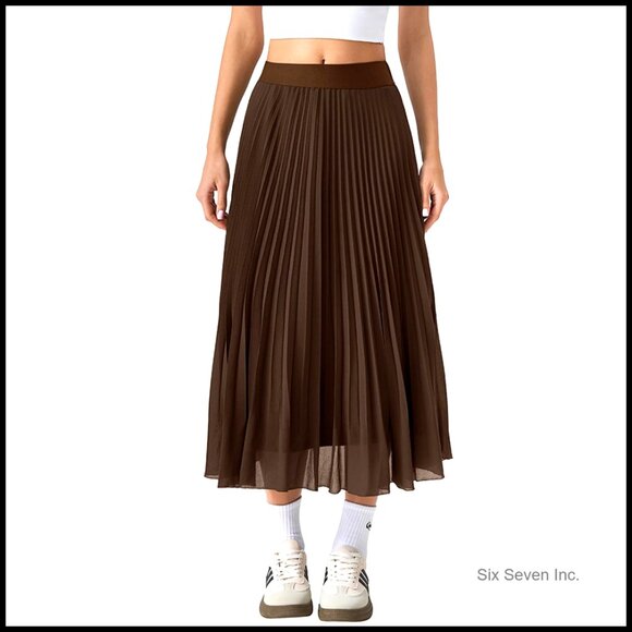 Flowy Pleated Chiffon Midi Skirt Elastic Waist A-Line Swing